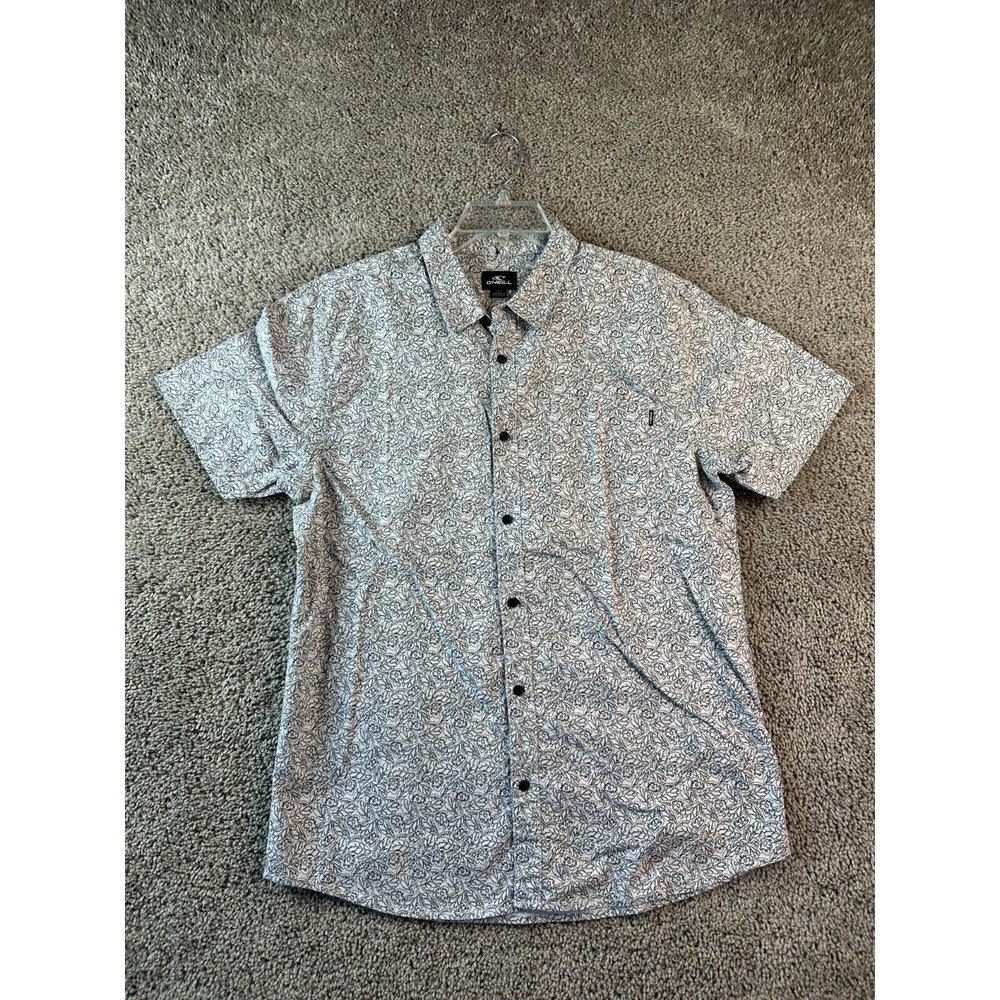Oneill Hawaiian Shirt Mens Large White Black Short Sleeve Cotton Button Up *